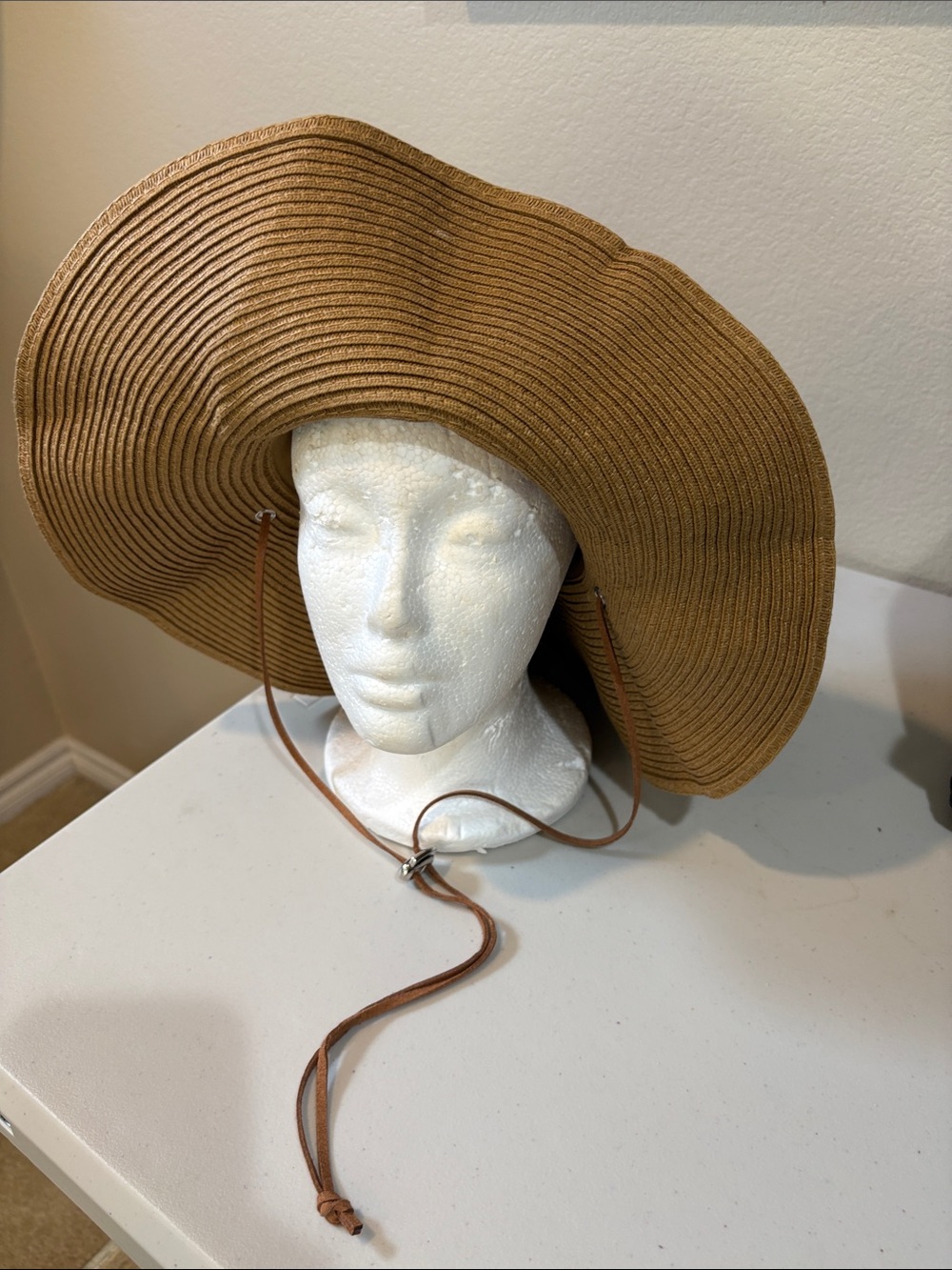 Packable Wide-Brim Beach Hat in Brown with Chin Strap